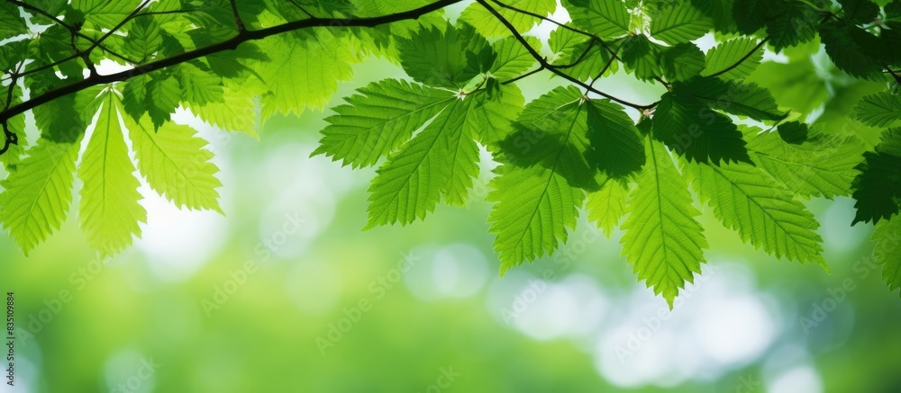 Wall mural vivid green horse chestnut tree leaves against tree silhouette create a stunning copy space image.