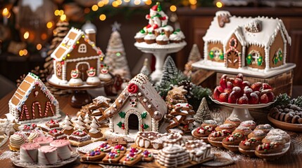 An image of a festive dessert spread featuring gingerbread houses, sugar cookies, and holiday-themed treats, perfect for a seasonal celebration.