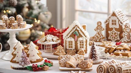 An image of a festive dessert spread featuring gingerbread houses, sugar cookies, and holiday-themed treats, perfect for a seasonal celebration.