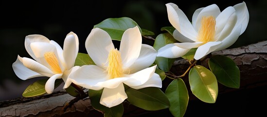 Close-up photo of three Champak or Michelia champaca flowers held with a natural backdrop, also called champak, a sizable evergreen tree in the Magnoliaceae family, ideal for copy space image.