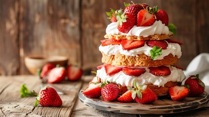 A picture of a decadent strawberry shortcake, layered with fresh whipped cream and juicy strawberries, presented on a rustic wooden table.