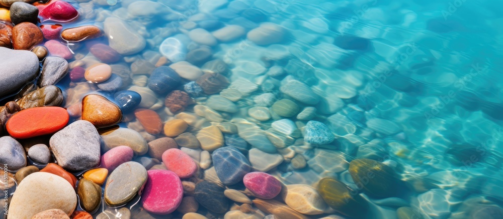 Poster vibrant saturated sea stones in a watery setting with copy space image.