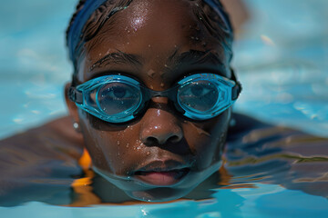 Fototapeta premium young black girl wearing swimming goggles in pool