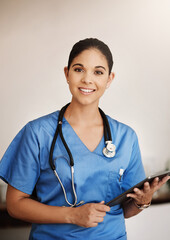 Smile, woman and doctor of clipboard in hospital for medical prescription, checklist and patient information. Portrait, healthcare worker and document for schedule, data report of treatment at clinic