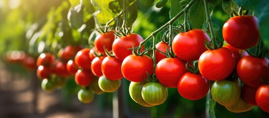 A new crop of ripe tomatoes displayed on tomato plants, offering a vibrant and appealing sight with ample copy space image.
