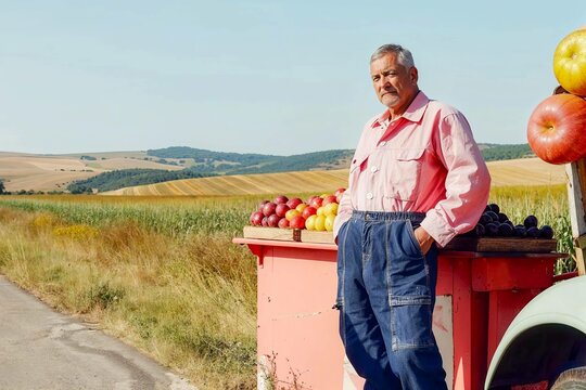 Man Vegetable Seller in Countryside with Fresh Produce