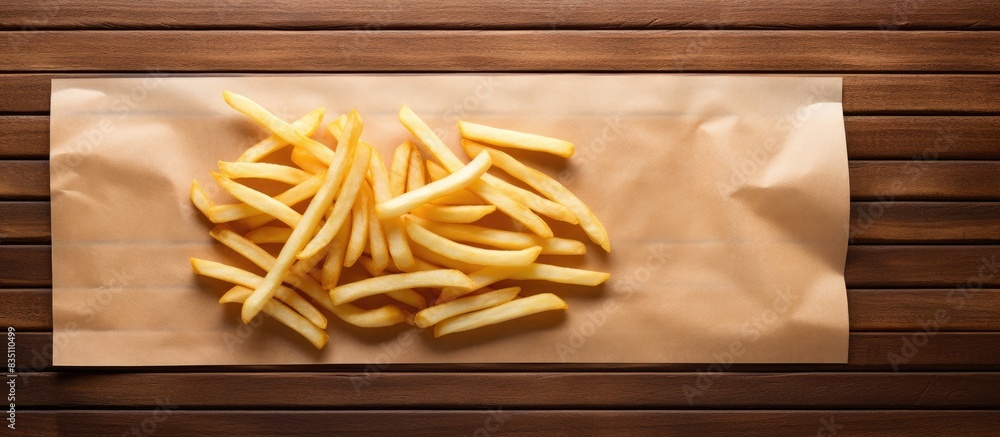 Poster French fries displayed on tracing paper on a wooden table with copy space image.