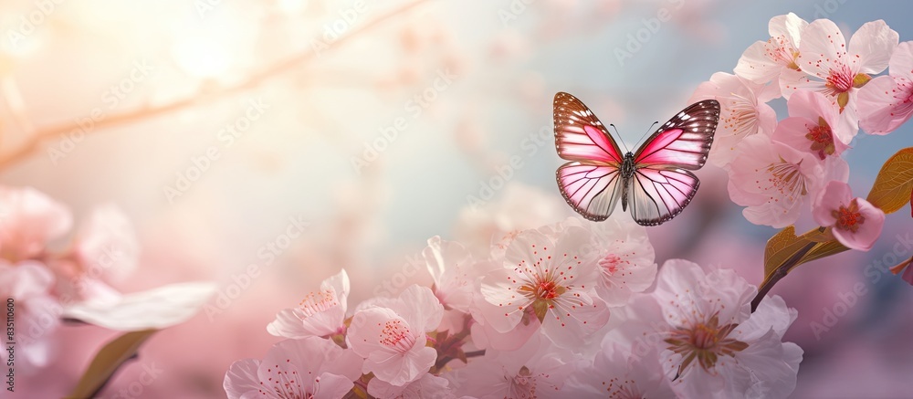 Poster Springtime features a beautiful cherry blossom in the wild with a butterfly, creating a picturesque scene for a copy space image.