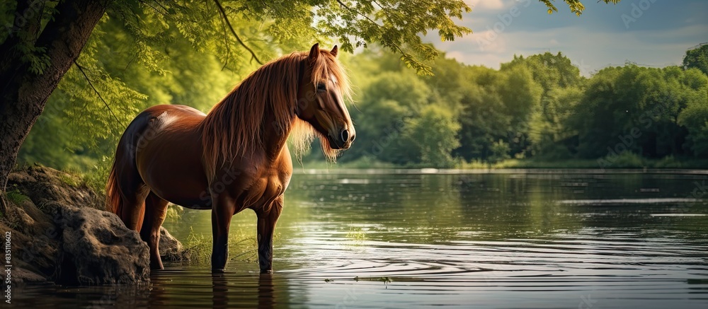 Poster a stunning horse with a flowing mane peacefully grazes by the riverbank in a serene natural setting,