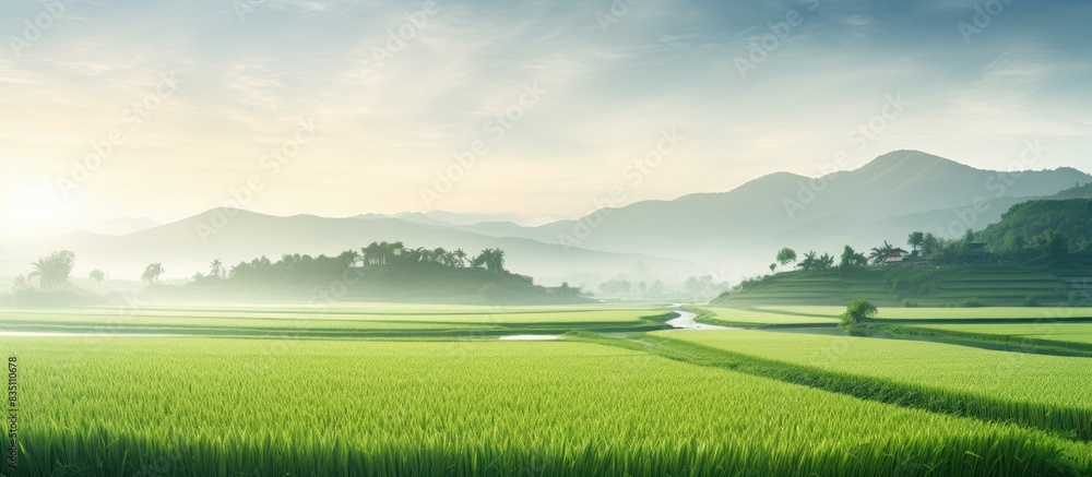 Aufkleber scenic view in the rice fields with tranquil morning ambiance, copy space image.