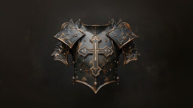 The Holy Knight: Armor of Christ. Medieval armor  with ornate decorations, cross and floral motifs on black background.