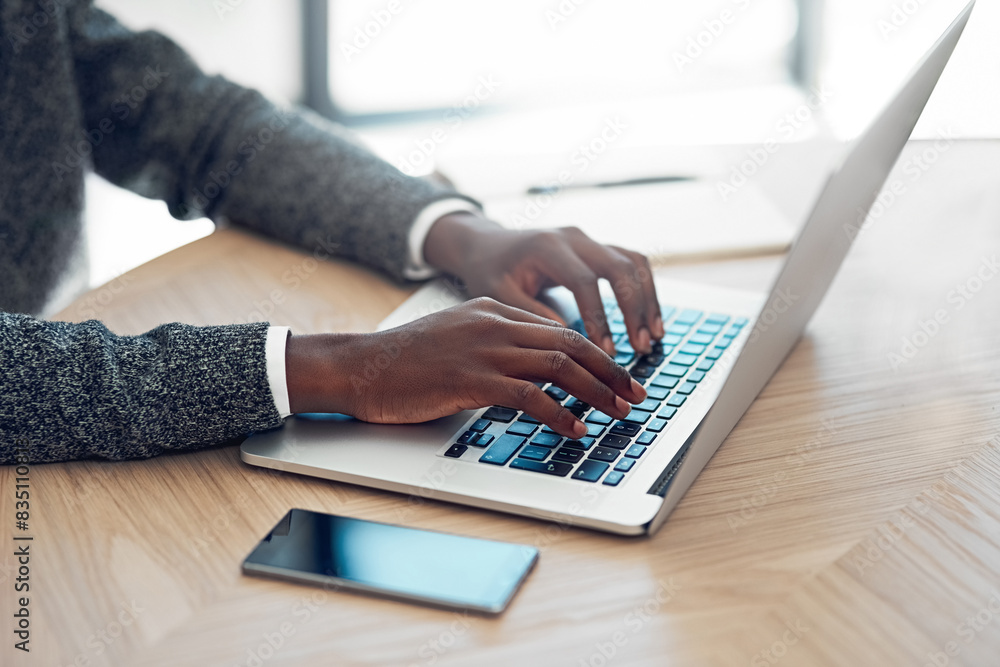 Poster Man, hands and laptop or working with smartphone, online business and website design for creative career. Digital, entrepreneur and keyboard typing for programming on internet, app and networking