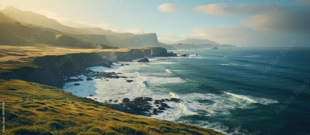 Aufkleber Coastal cliffs by the ocean during the evening create a stunning backdrop for a copy space image.