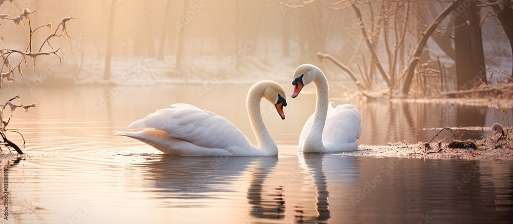Poster two graceful swans are romantically gliding across a tranquil lake in a scenic winter setting, creat