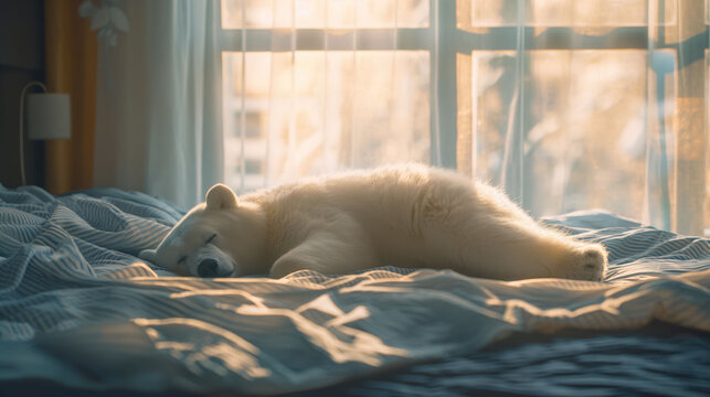 Closeup polar bear sleeping on the bed in cozy room in a warm summer time