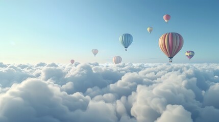 Fototapeta premium Ethereal Hot Air Balloons Drifting Through Fluffy Clouds in the Azure Sky