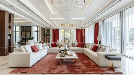 Modern luxury villa living room, white and red color scheme sofa set with a crystal chandelier hanging from the ceiling