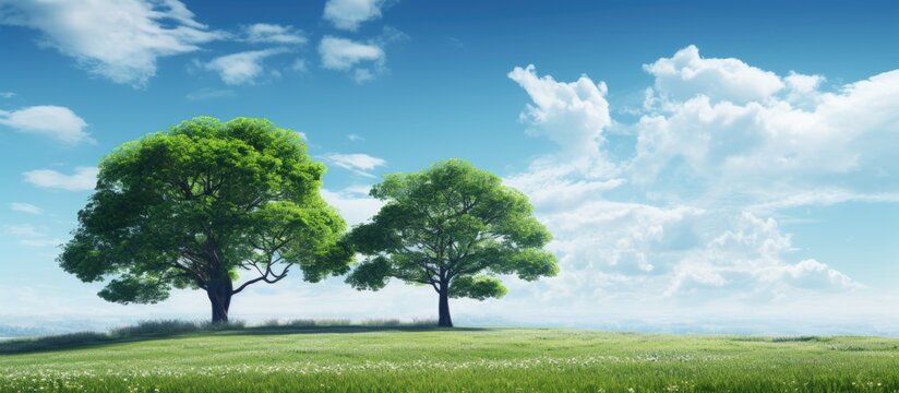 A beautiful summer scene with two grand plane trees standing on a lush field, ideal for a copy space image.