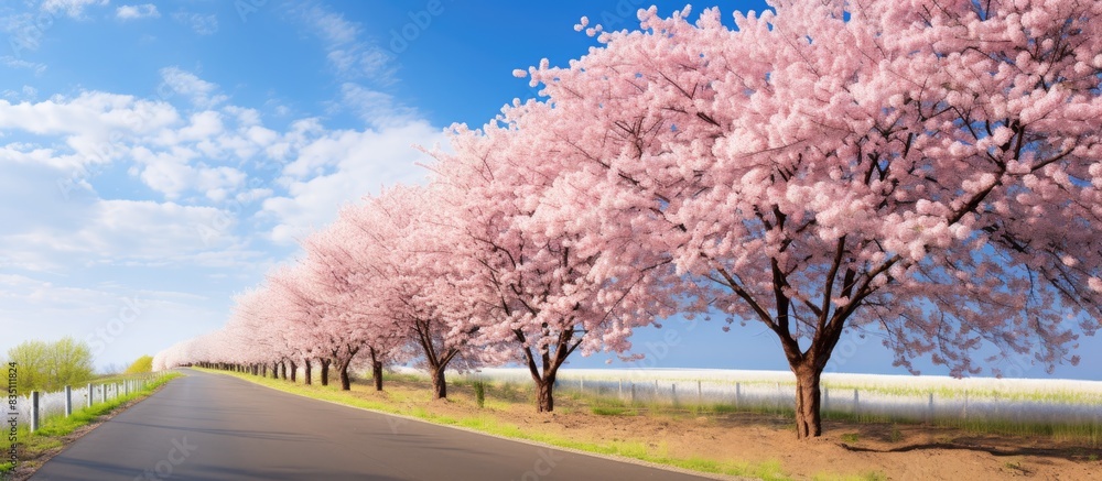 Poster a scenic view of a road lined with blooming spring trees under a clear blue sky, ideal for a copy sp