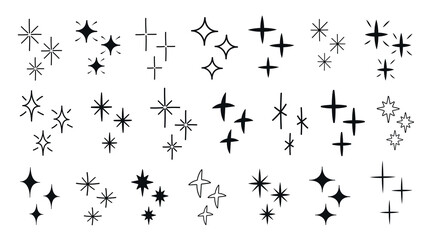Big Set of uneven dynamic black stars of different shapes and types, hand drawn doodle on a white background. Isolated grunge elements for presentation, cards, business, study. Vector illustration Eps