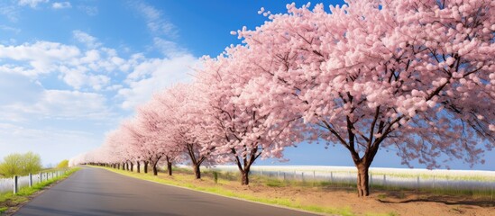 Fototapeta premium A scenic view of a road lined with blooming spring trees under a clear blue sky, ideal for a copy space image.