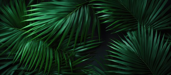 The dark green palm leaf color creates a textured background with tropical vibes, ideal for a copy space image.