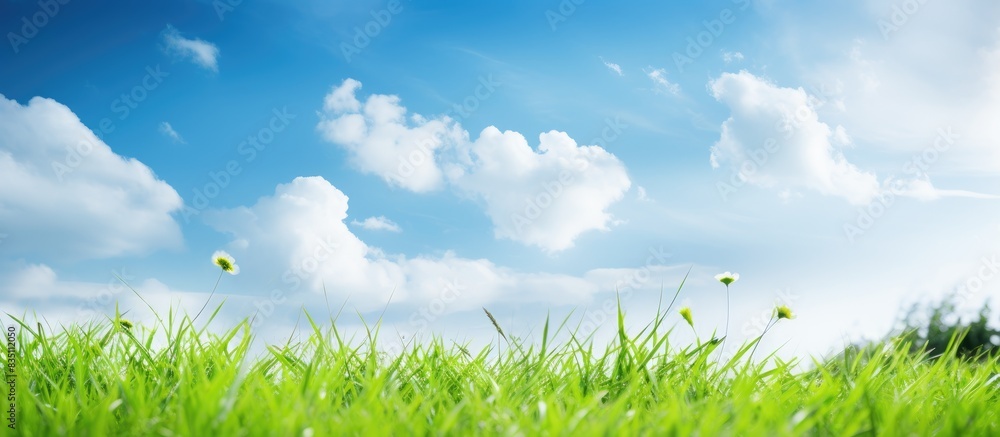Aufkleber vibrant green grass and leaves contrasting with a clear blue sky and fluffy white clouds, creating a