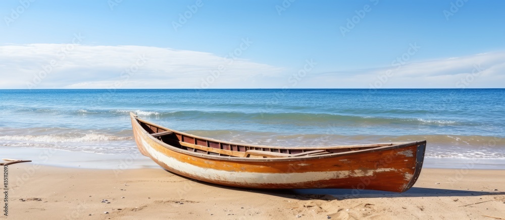 Poster Wooden canoe resting on the sandy beach with a clear view of the ocean in the background, ideal for adding text or design in the copy space image.