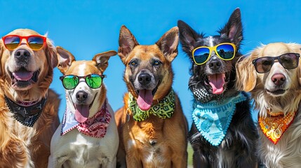 Collage with dogs of different breeds and sizes wearing sunglasses