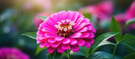 Obraz premium Close-up photo of a vibrant pink zinnia flower with copy space image.