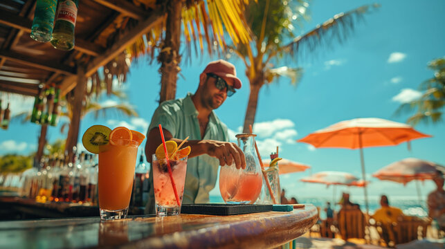 Beach bartender in tropical beach bar serving colorful chilling cocktail drinks