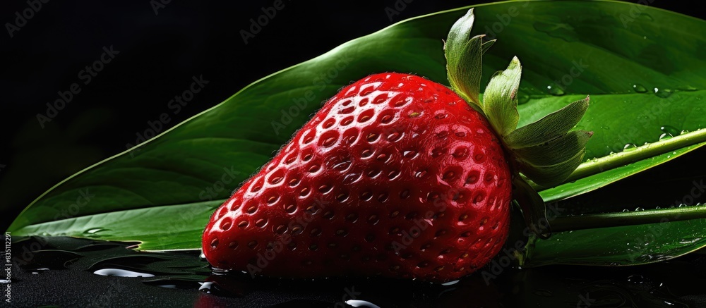 Poster strawberry resting on a banana leaf with copy space image.