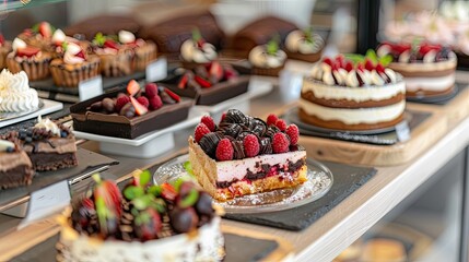 Showcase with different tasty desserts in bakery shop