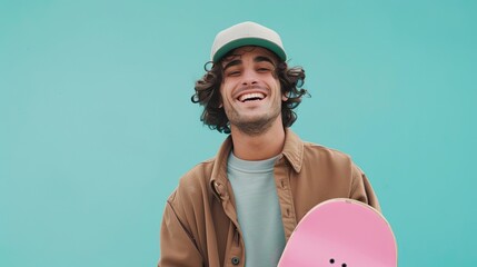 Skater with baseballcap holding a pink skateboard looking at the camera, smiling, mint background 