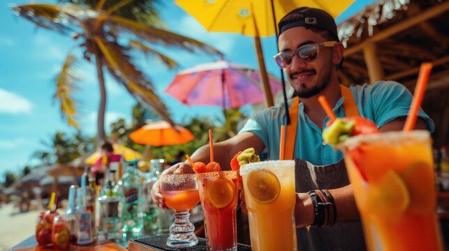 Beach bartender in tropical beach bar serving colorful chilling cocktail drinks