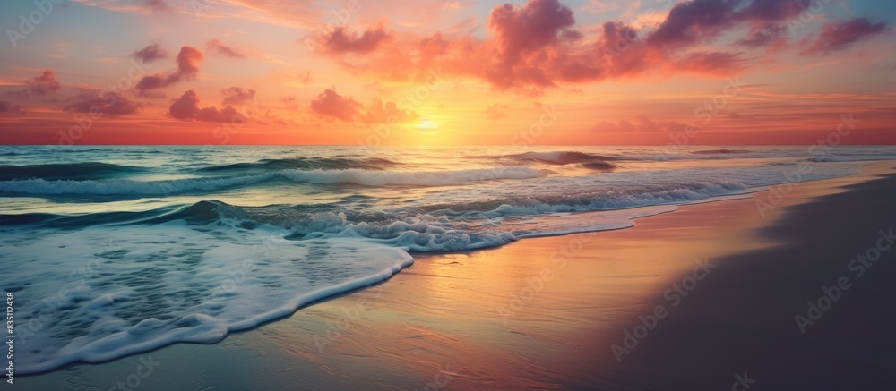 Poster beach with a beautiful sunset creating a stunning scene with plenty of copy space image.