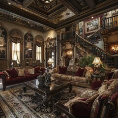 Transport yourself to a bygone era of opulence in this classic European living room with ornate furniture, intricate moldings