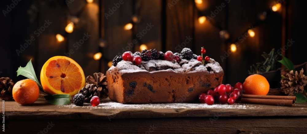Poster a slice of delicious fruit cake on a rustic wooden table with a festive feel, surrounded by colorful