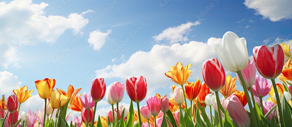 Poster spring is when tulips flourish, creating a picturesque scene with their vibrant colors against a bac
