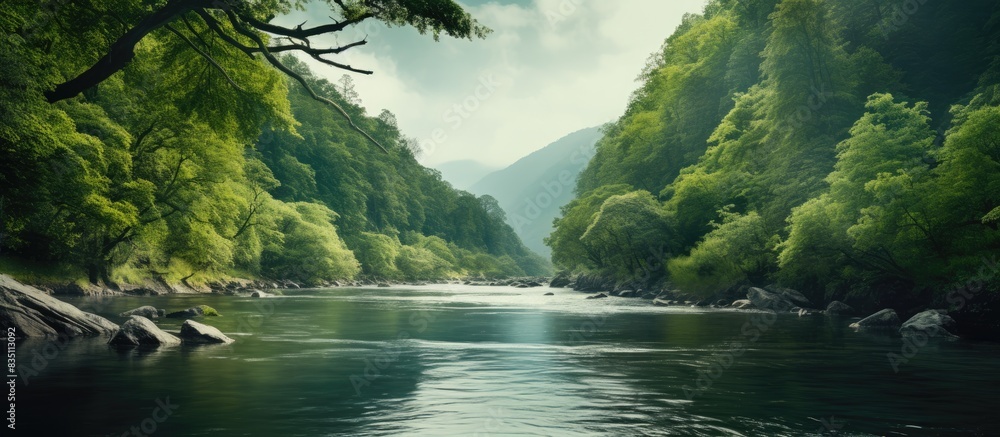 Aufkleber Scenic view of a river with a lush forest in the backdrop, ideal for a copy space image.
