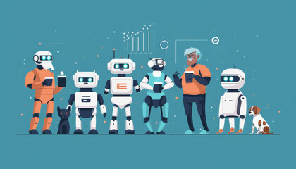 Illustration of various robots assisting human, Concept of AI and automation by AI generated image