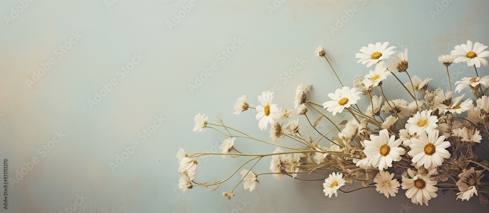 Poster Vintage style bouquet made of chamomile wild flowers, with space for text or graphics in the image. with copy space image. Place for adding text or design