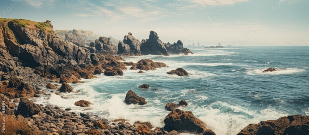 Poster Beautiful coastal rocks by the beach with a captivating view and copy space image.