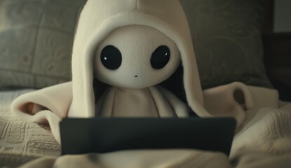Cute Plush Toy in a Hooded Blanket Uses a Tablet