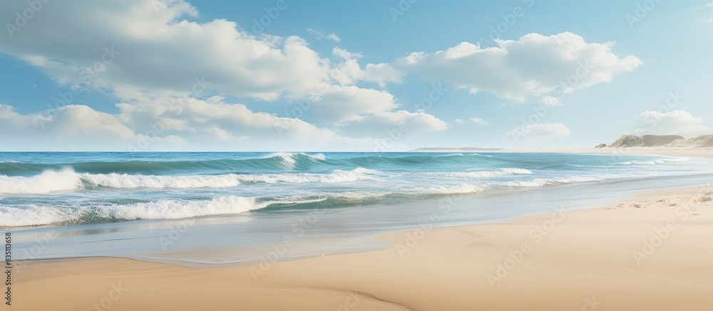 Poster scenic seascape featuring sandy shores and a tranquil ocean view, perfect for background images with