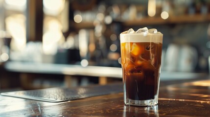 Glass of cold coffee with ice and cream,on old wooden table inside cafe, summer drink theme.