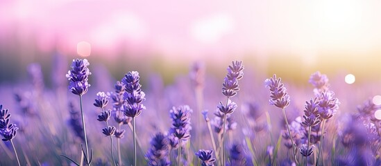 Naklejka premium Summer morning blur background with lavender field creating a wallpaper-worthy image with selective focus and shallow depth of field. with copy space image. Place for adding text or design