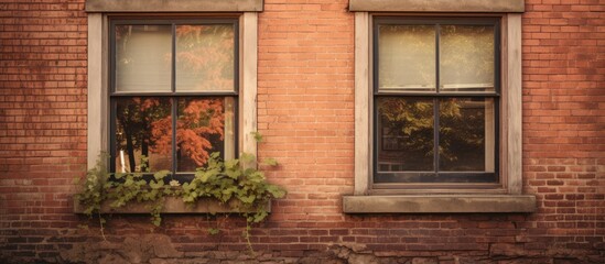 Obraz premium Charming brick houses feature beautiful, old windows with a vintage vibe, creating a picturesque scene perfect for a copy space image.