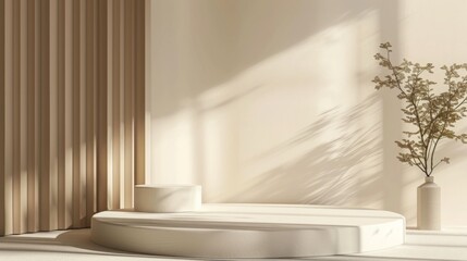 Sunlight streams through a minimalist interior showcasing a circular platform, a sleek curtain, and a potted plant, creating soft shadows on the floor.