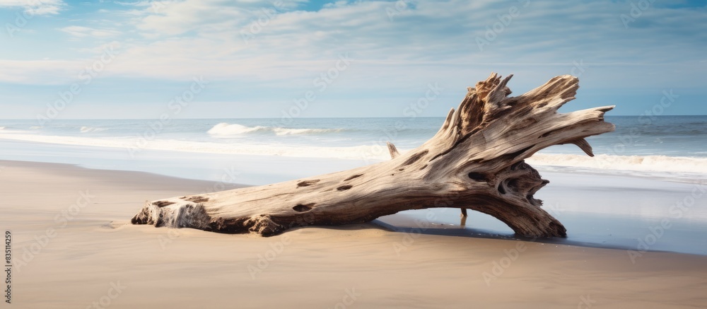 Poster a weathered tree trunk rests on the sandy shore, with ample copy space image.